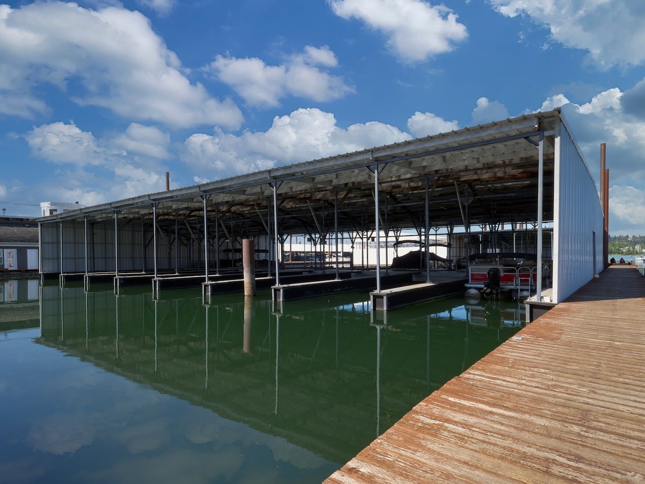 Covered pontoon moorage at Sundance on the Columbia River