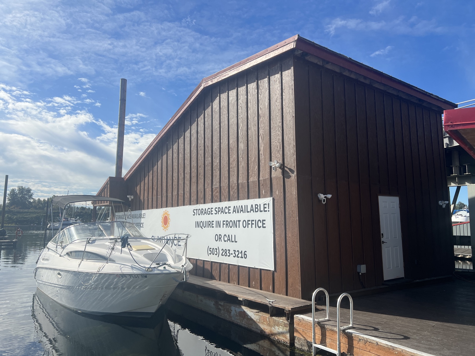 The Sundance storage building on the dock on the Columbia River